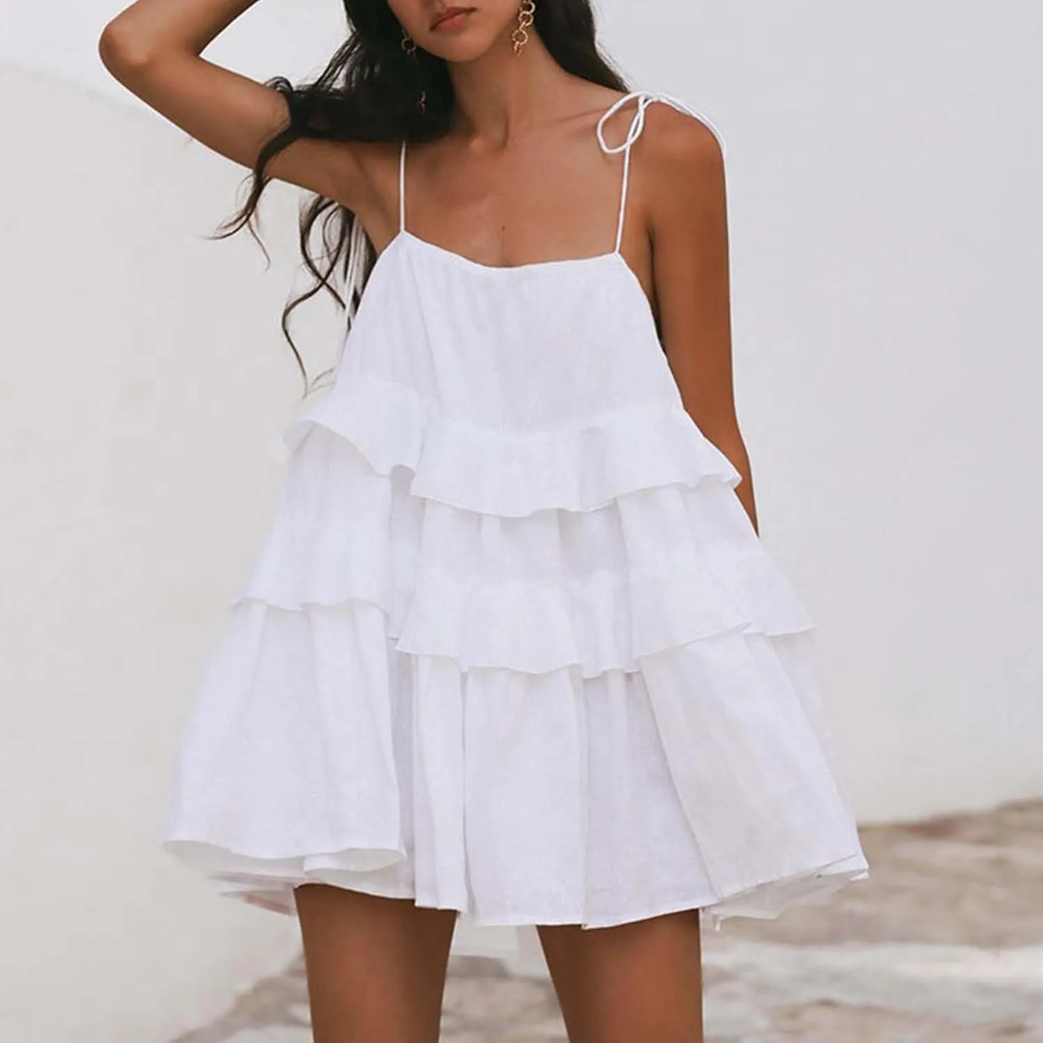 Women Cute Strap Ruffle Mini Dress Summer Tiered Ruffles Short Sundress Sexy Casual Backless Dresses Party Clothes