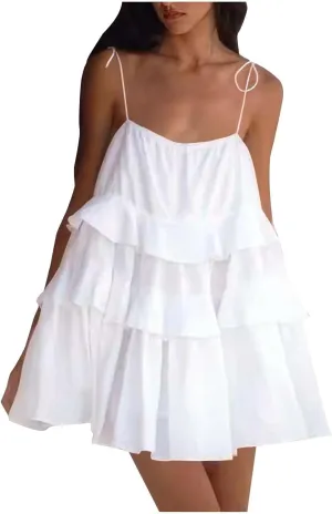 Women Cute Strap Ruffle Mini Dress Summer Tiered Ruffles Short Sundress Sexy Casual Backless Dresses Party Clothes