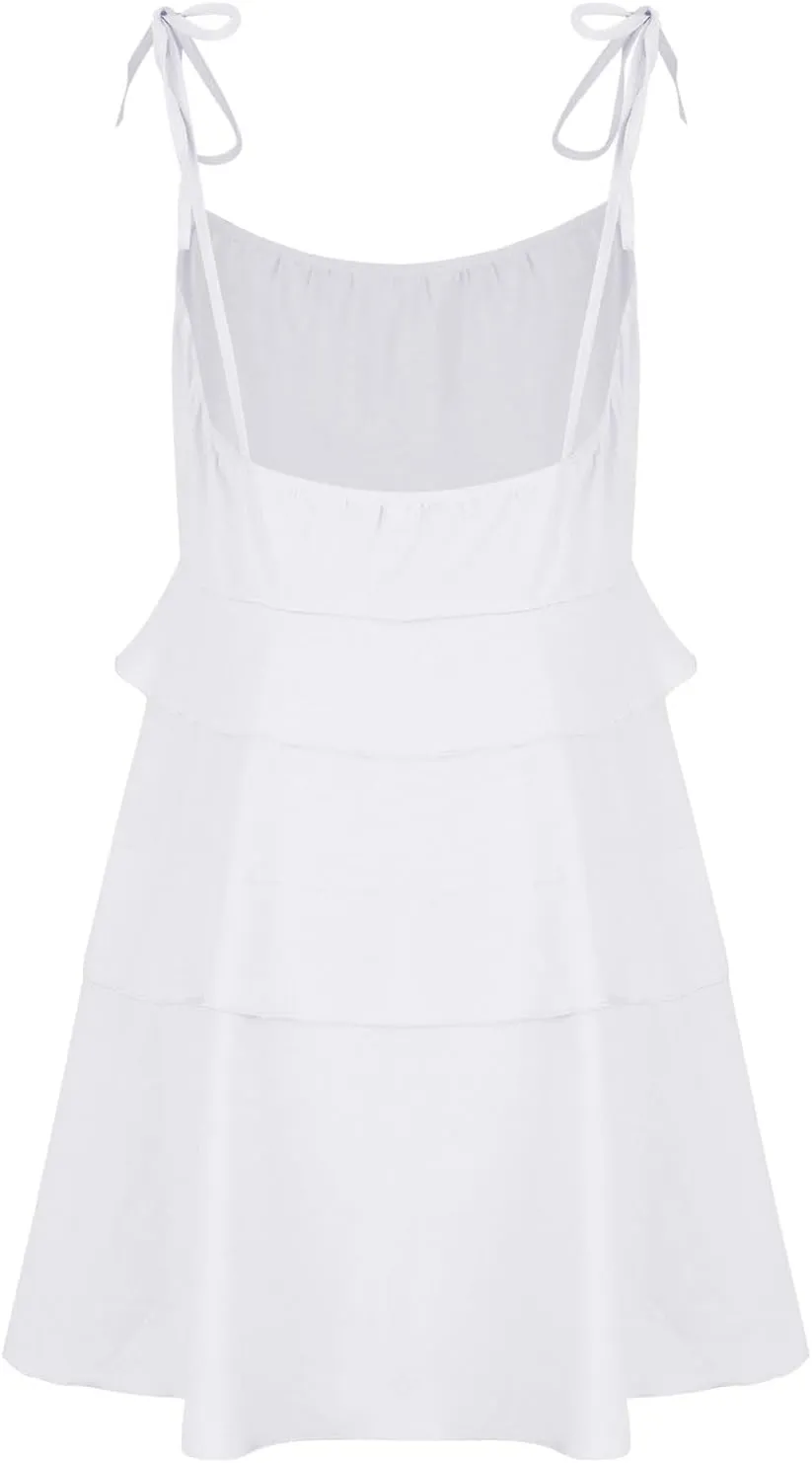 Women Cute Strap Ruffle Mini Dress Summer Tiered Ruffles Short Sundress Sexy Casual Backless Dresses Party Clothes