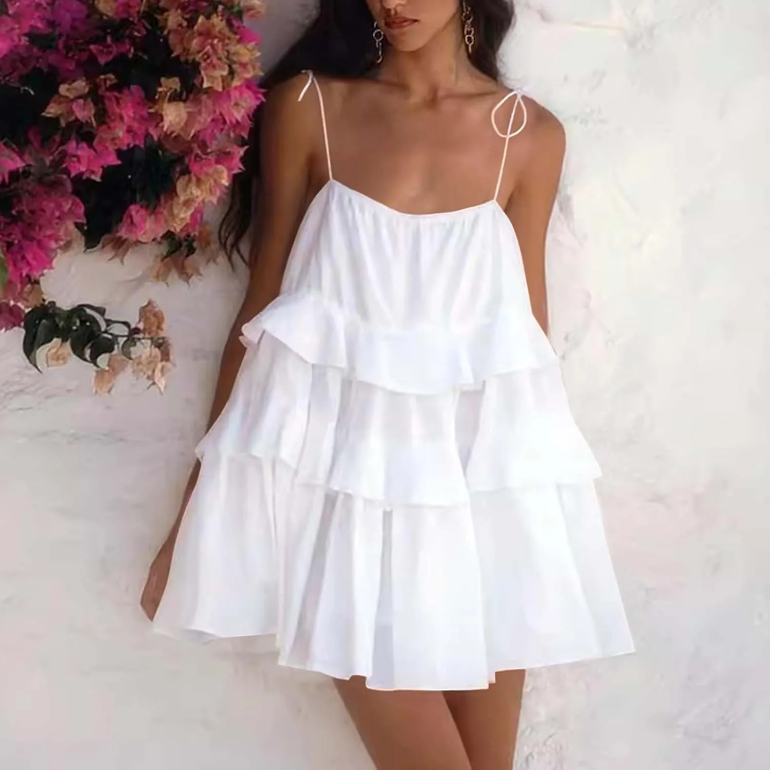 Women Cute Strap Ruffle Mini Dress Summer Tiered Ruffles Short Sundress Sexy Casual Backless Dresses Party Clothes