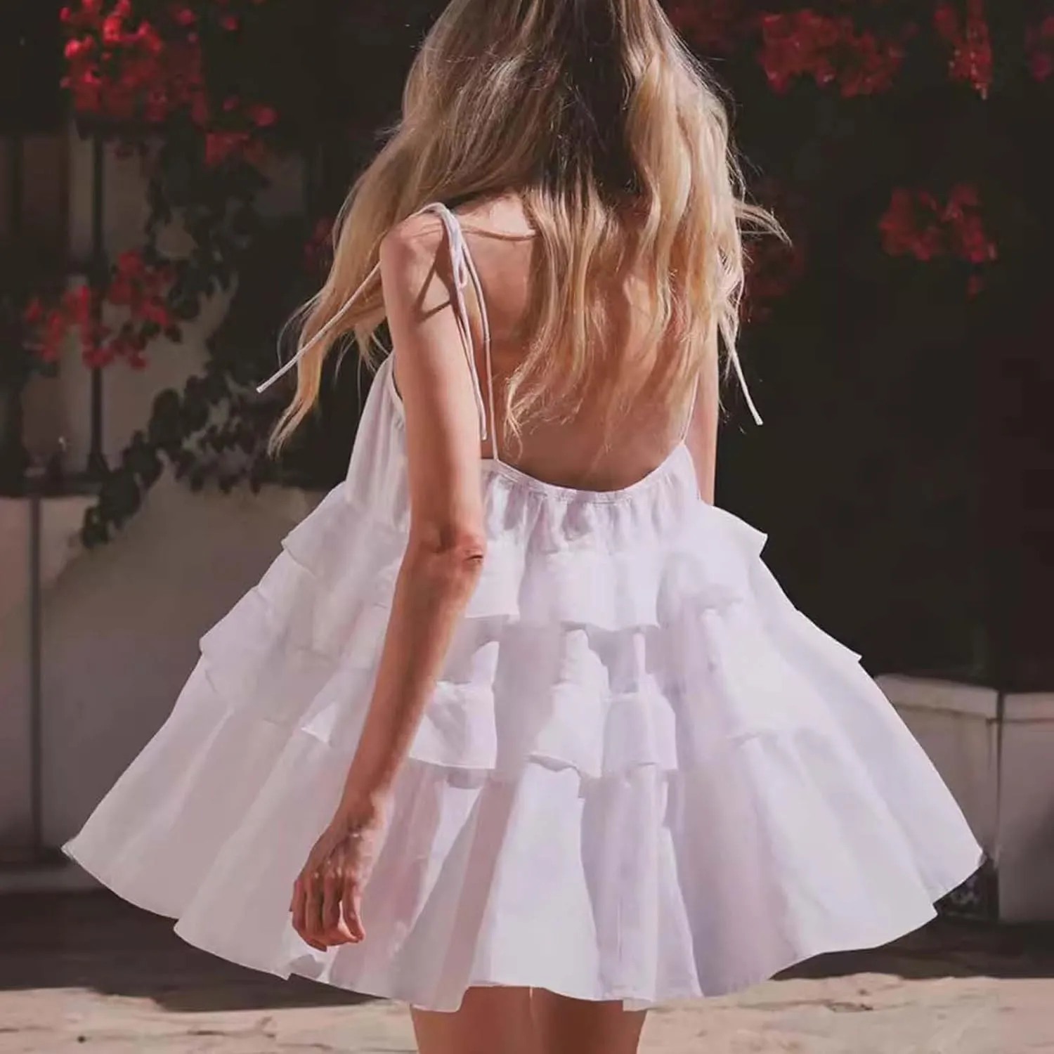 Women Cute Strap Ruffle Mini Dress Summer Tiered Ruffles Short Sundress Sexy Casual Backless Dresses Party Clothes