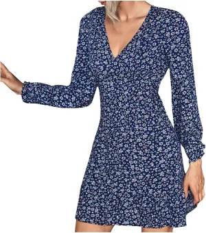 Women Dresses Casual Long Sleeve Fall Dress V Neck Bohemian Floral Casual Flowy A Line Tiered Work Midi Dresses Long Sleeve Dresses for Women Navy M