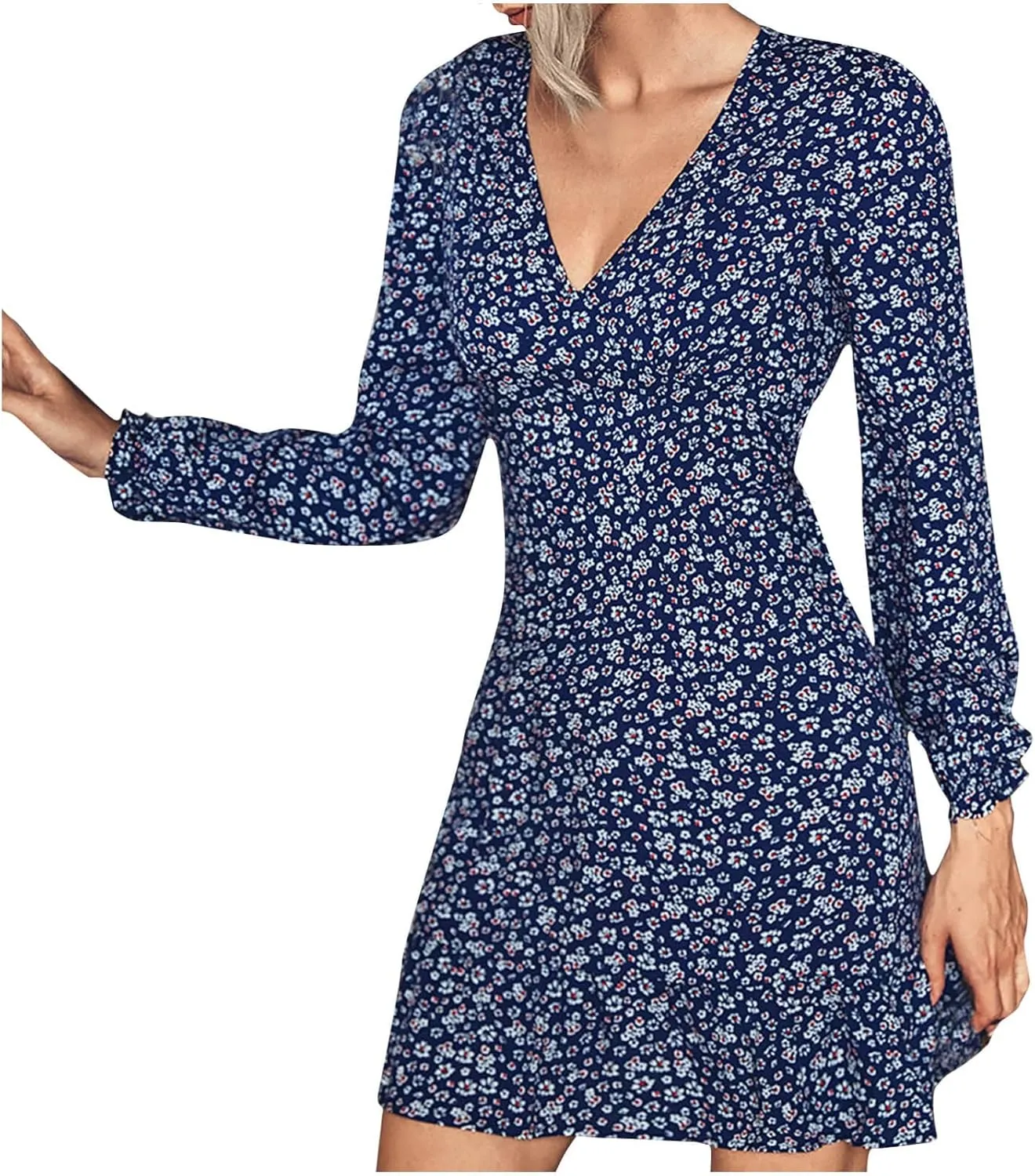 Women Dresses Casual Long Sleeve Fall Dress V Neck Bohemian Floral Casual Flowy A Line Tiered Work Midi Dresses Long Sleeve Dresses for Women Navy M