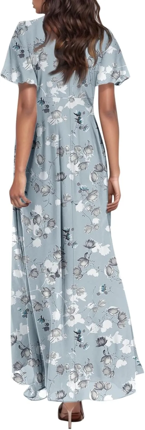 Women Easter Dress Elegant Long Floral Dresses Casual Summer Ruffle Sleeve Vneck Dress Wrap Wedding Guest Maxi Dresses