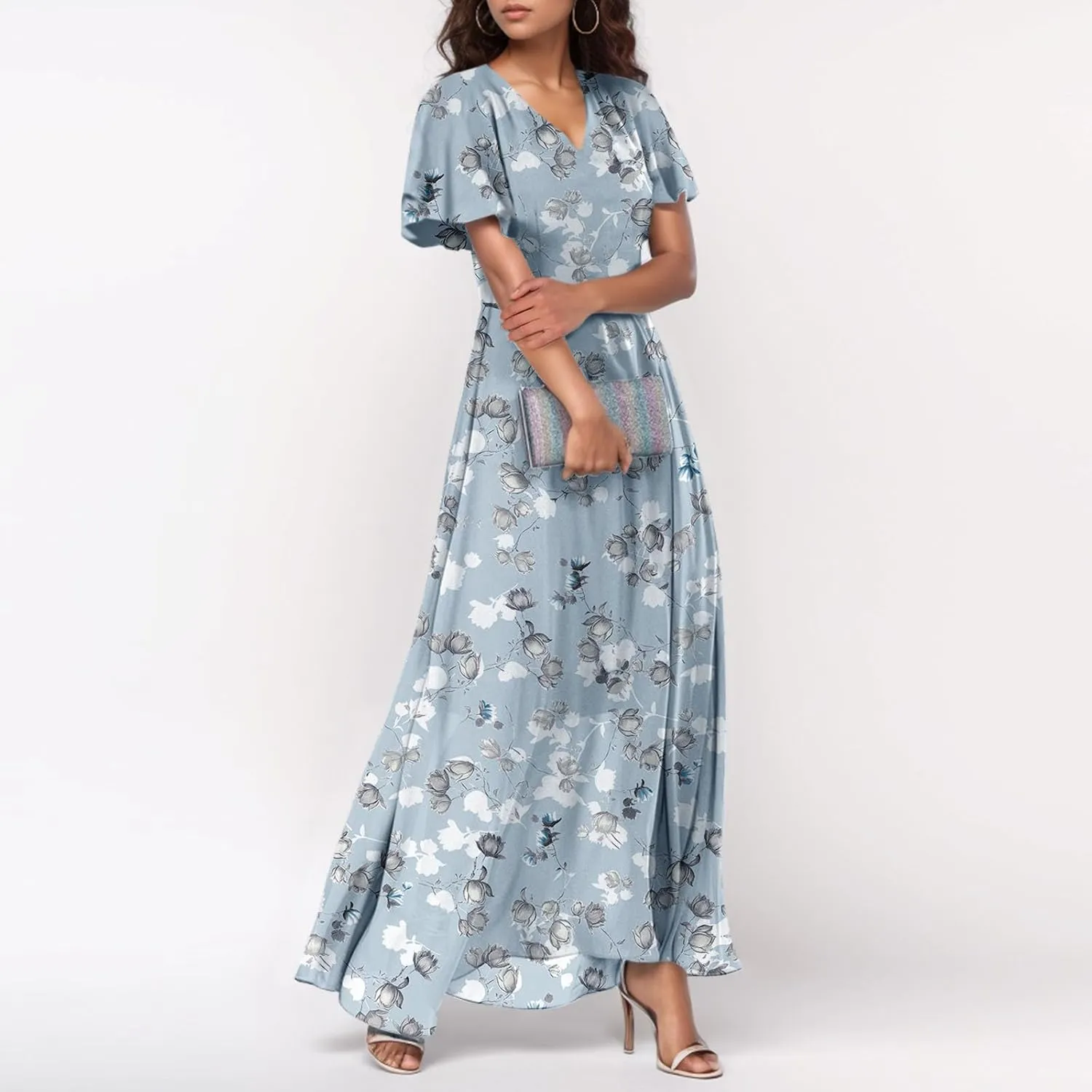 Women Easter Dress Elegant Long Floral Dresses Casual Summer Ruffle Sleeve Vneck Dress Wrap Wedding Guest Maxi Dresses