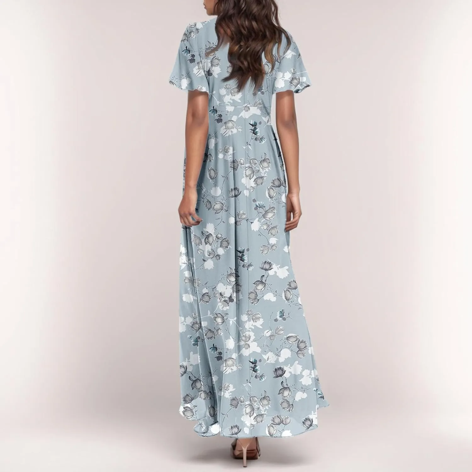 Women Easter Dress Elegant Long Floral Dresses Casual Summer Ruffle Sleeve Vneck Dress Wrap Wedding Guest Maxi Dresses