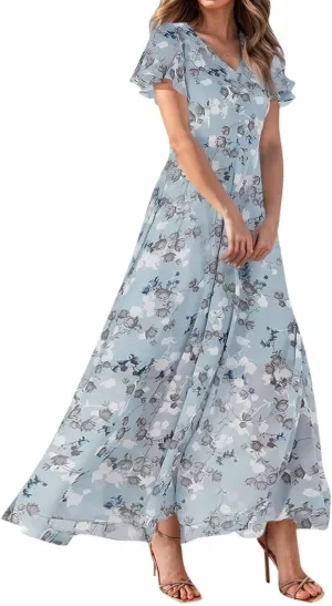 Women Easter Dress Elegant Long Floral Dresses Casual Summer Ruffle Sleeve Vneck Dress Wrap Wedding Guest Maxi Dresses