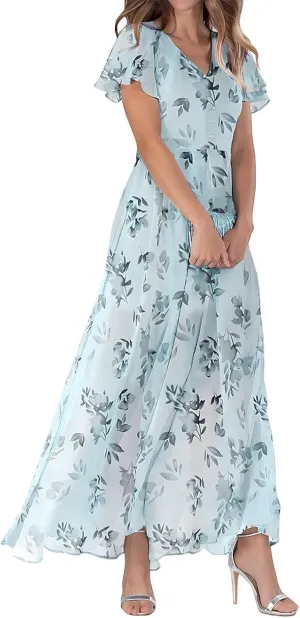 Women Easter Dress Elegant Long Floral Dresses Casual Summer Ruffle Sleeve Vneck Dress Wrap Wedding Guest Maxi Dresses