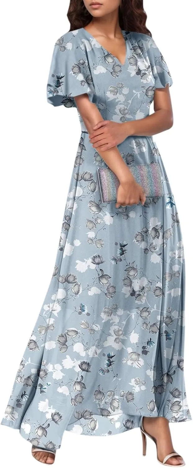 Women Easter Dress Elegant Long Floral Dresses Casual Summer Ruffle Sleeve Vneck Dress Wrap Wedding Guest Maxi Dresses