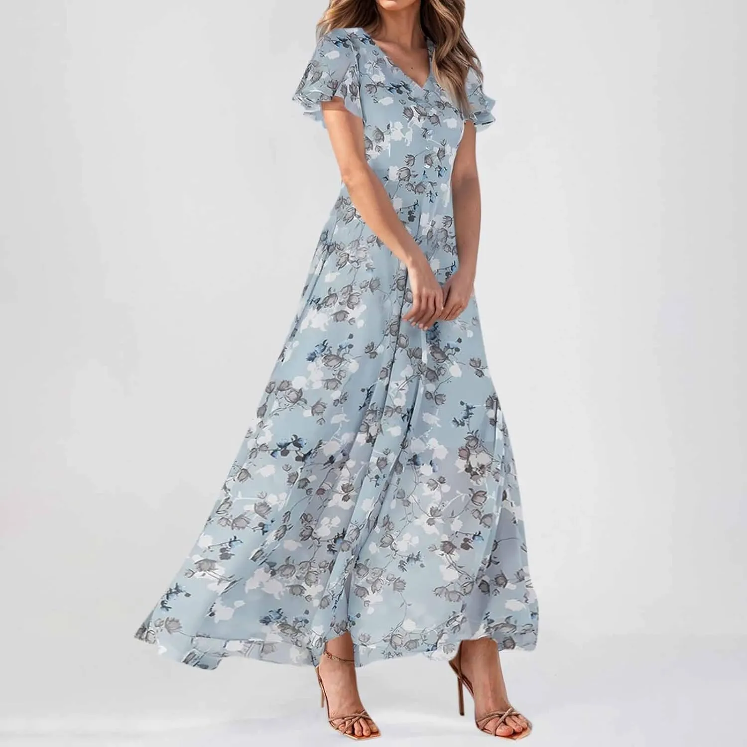Women Easter Dress Elegant Long Floral Dresses Casual Summer Ruffle Sleeve Vneck Dress Wrap Wedding Guest Maxi Dresses