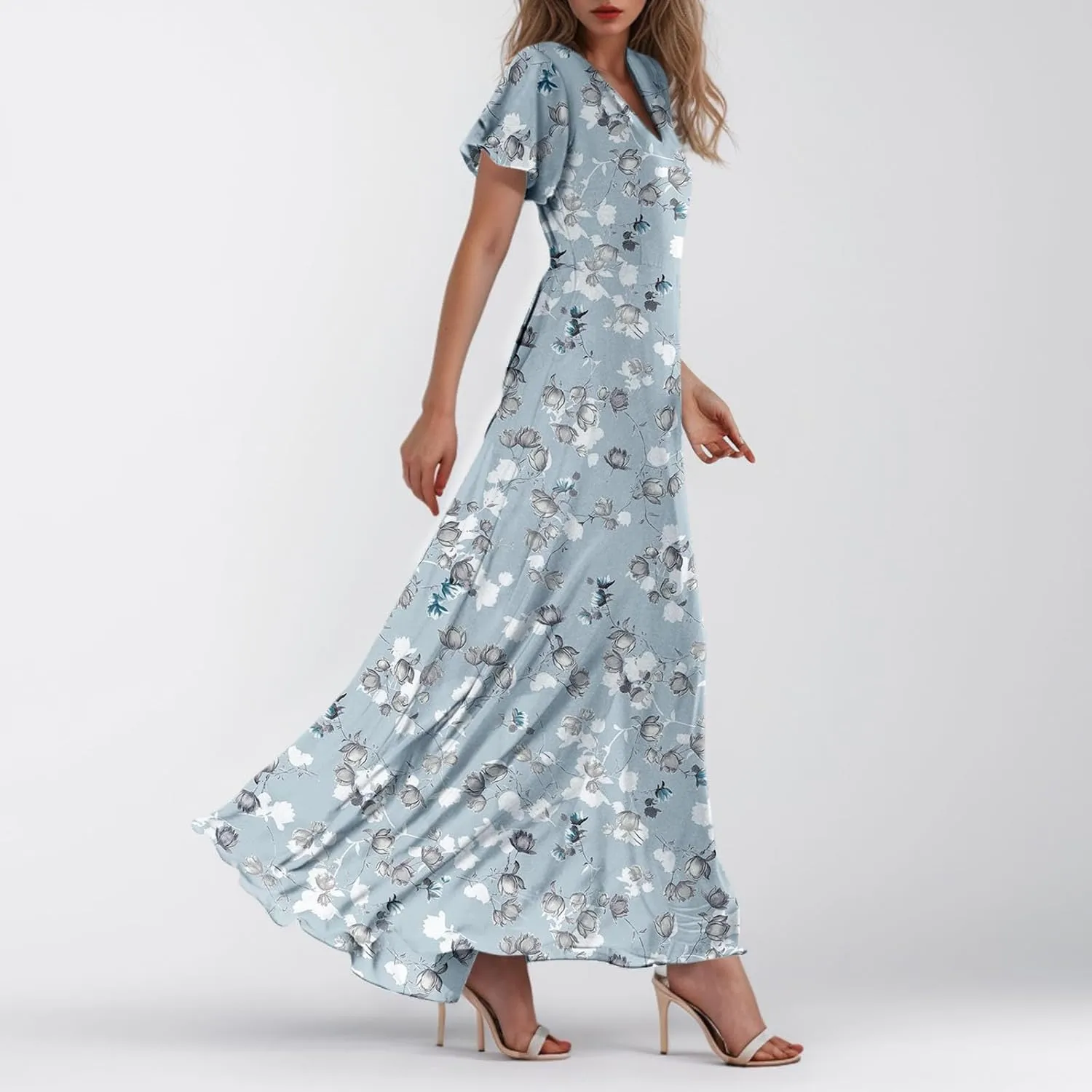 Women Easter Dress Elegant Long Floral Dresses Casual Summer Ruffle Sleeve Vneck Dress Wrap Wedding Guest Maxi Dresses