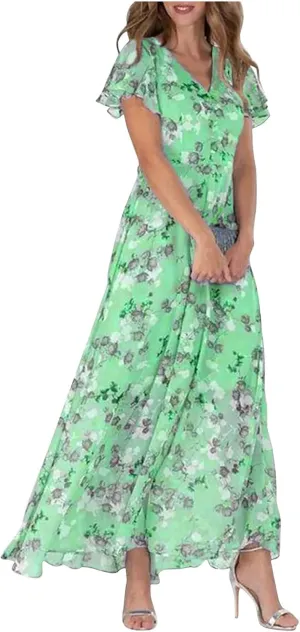 Women Easter Dress Elegant Long Floral Dresses Casual Summer Ruffle Sleeve Vneck Dress Wrap Wedding Guest Maxi Dresses