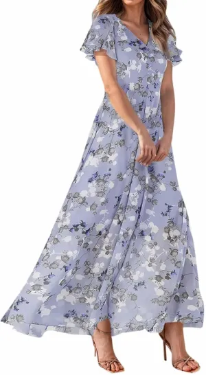 Women Easter Dress Elegant Long Floral Dresses Casual Summer Ruffle Sleeve Vneck Dress Wrap Wedding Guest Maxi Dresses