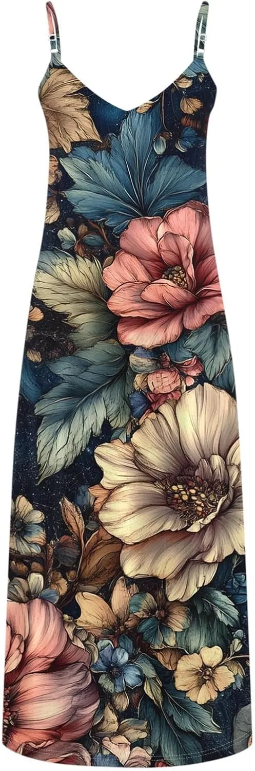 Women Floral Print Spaghetti Strap Sundress Casual Summer Long Maxi Dress V-Neck Boho Dresses Trendy Beach Clothes