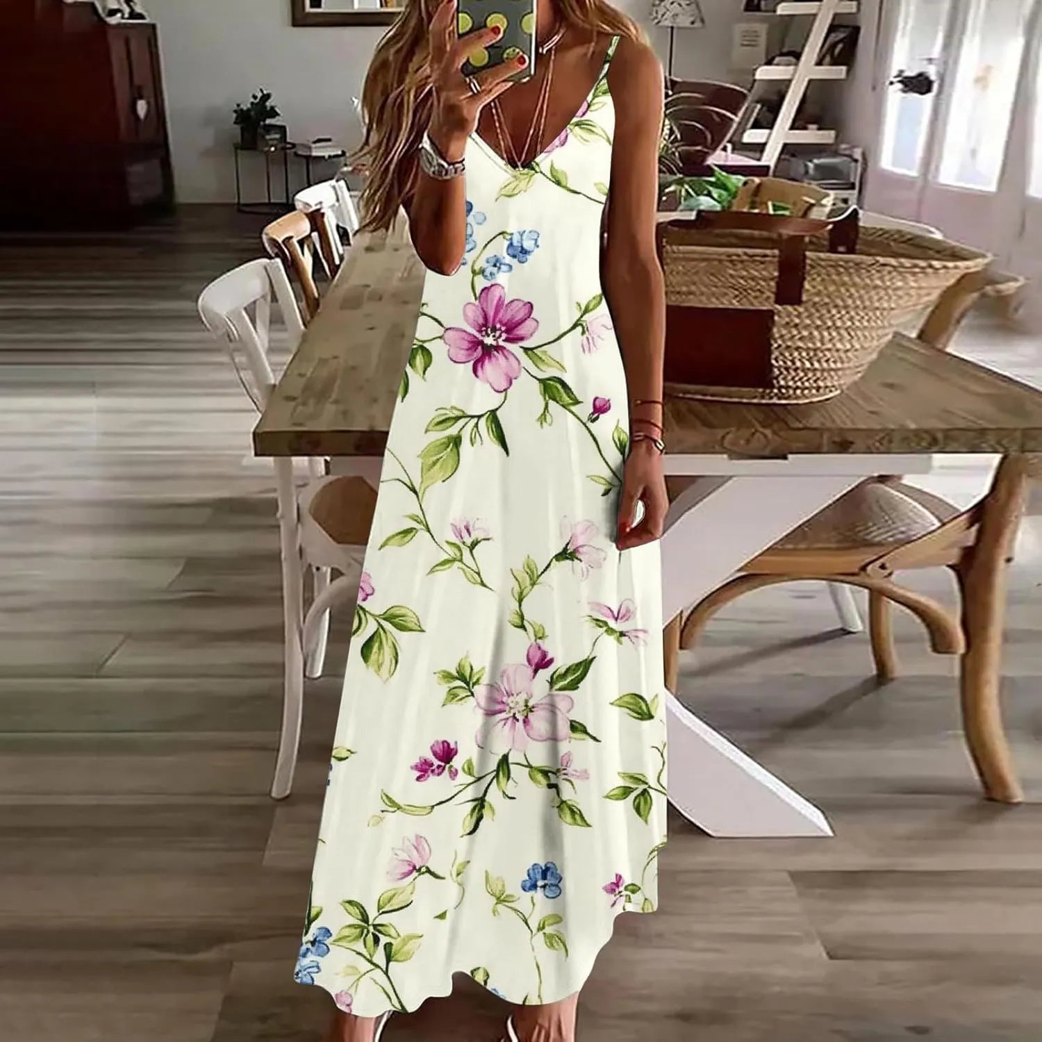 Women Floral Print Spaghetti Strap Sundress Casual Summer Long Maxi Dress V-Neck Boho Dresses Trendy Beach Clothes
