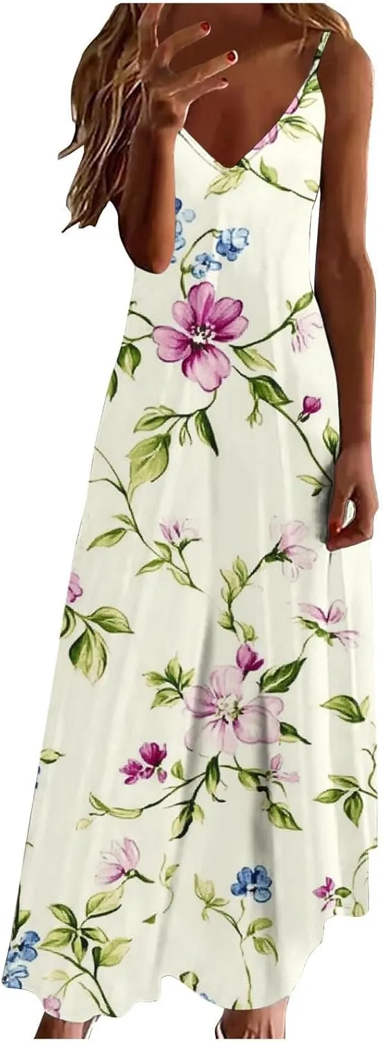 Women Floral Print Spaghetti Strap Sundress Casual Summer Long Maxi Dress V-Neck Boho Dresses Trendy Beach Clothes