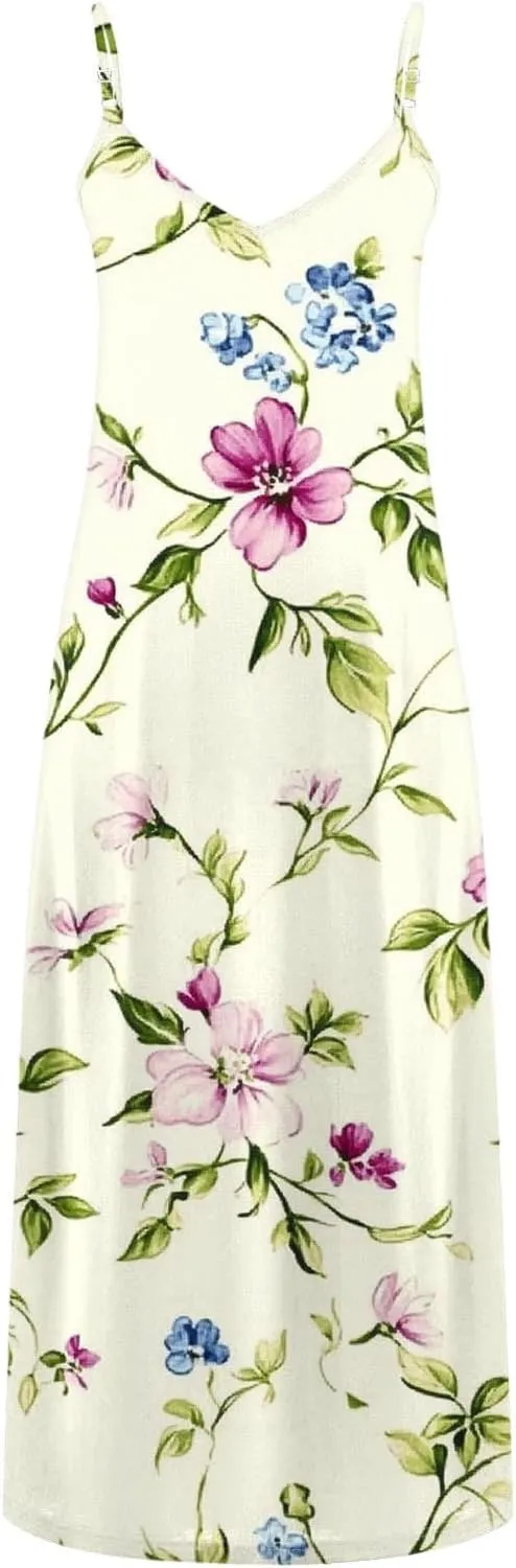 Women Floral Print Spaghetti Strap Sundress Casual Summer Long Maxi Dress V-Neck Boho Dresses Trendy Beach Clothes
