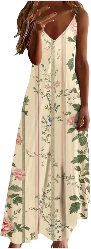 Women Floral Print Spaghetti Strap Sundress Casual Summer Long Maxi Dress V-Neck Boho Dresses Trendy Beach Clothes