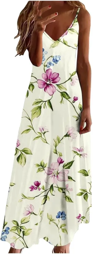 Women Floral Print Spaghetti Strap Sundress Casual Summer Long Maxi Dress V-Neck Boho Dresses Trendy Beach Clothes