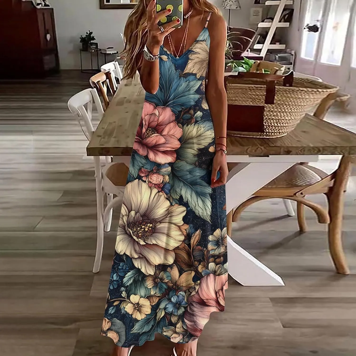 Women Floral Print Spaghetti Strap Sundress Casual Summer Long Maxi Dress V-Neck Boho Dresses Trendy Beach Clothes