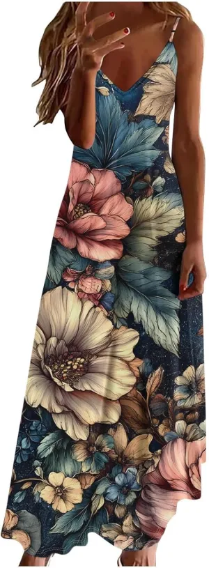 Women Floral Print Spaghetti Strap Sundress Casual Summer Long Maxi Dress V-Neck Boho Dresses Trendy Beach Clothes