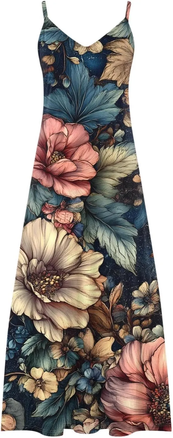 Women Floral Print Spaghetti Strap Sundress Casual Summer Long Maxi Dress V-Neck Boho Dresses Trendy Beach Clothes