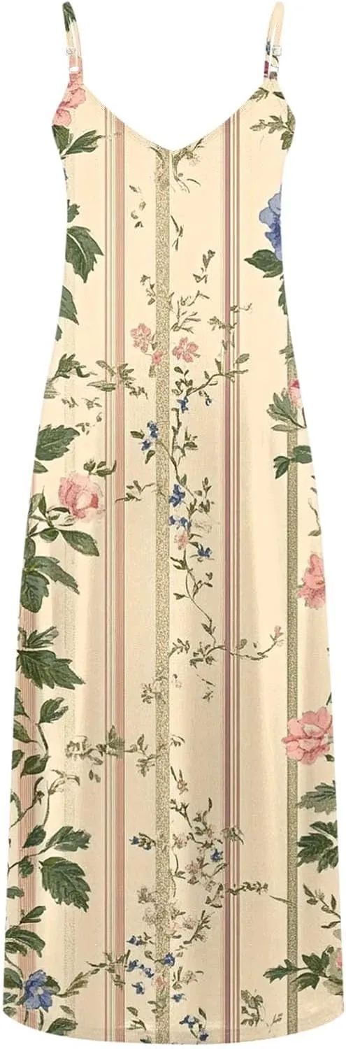 Women Floral Print Spaghetti Strap Sundress Casual Summer Long Maxi Dress V-Neck Boho Dresses Trendy Beach Clothes