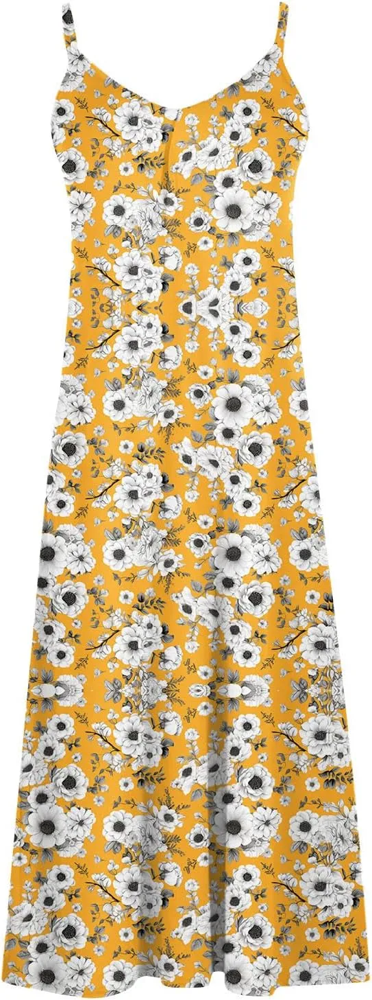 Women Floral Summer Sundresses 2025 Spaghetti Strap Maxi Dresses Spring Flower Boho Dress Boho Beach Vacation Clothes