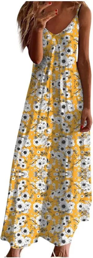 Women Floral Summer Sundresses 2025 Spaghetti Strap Maxi Dresses Spring Flower Boho Dress Boho Beach Vacation Clothes