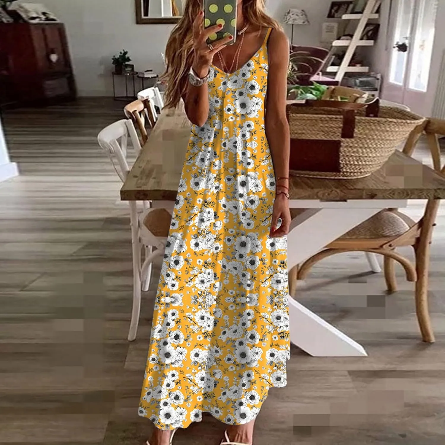 Women Floral Summer Sundresses 2025 Spaghetti Strap Maxi Dresses Spring Flower Boho Dress Boho Beach Vacation Clothes