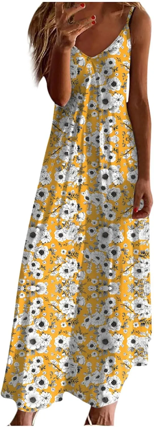 Women Floral Summer Sundresses 2025 Spaghetti Strap Maxi Dresses Spring Flower Boho Dress Boho Beach Vacation Clothes