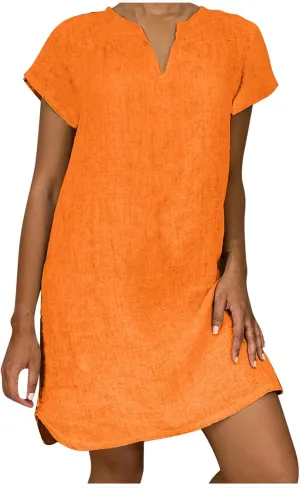 Women Linen Shirt Dresses Summer Bohemian Style Beach Sundress Fashion Solid Color Short Sleeves V-Neck Midi Dress