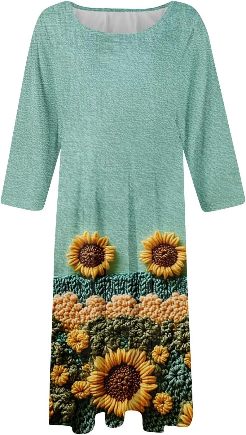Women Spring Dresses Crewneck 3/4 Sleeve Midi Dresses Floral A Line Dress Summer Flowy Beach Dresses with Pocket
