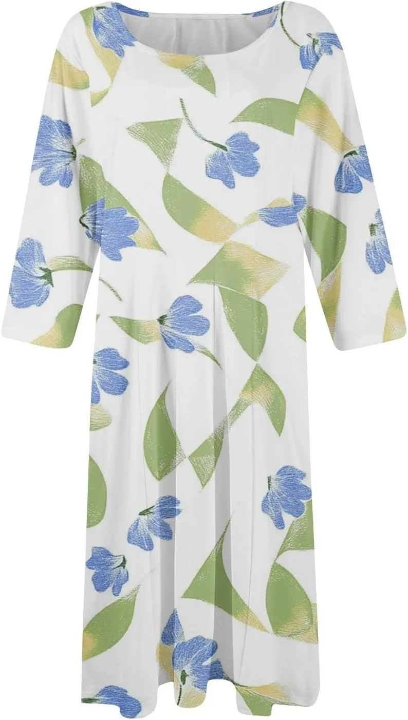 Women Spring Dresses Crewneck 3/4 Sleeve Midi Dresses Floral A Line Dress Summer Flowy Beach Dresses with Pocket