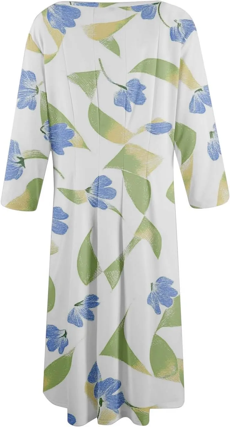 Women Spring Dresses Crewneck 3/4 Sleeve Midi Dresses Floral A Line Dress Summer Flowy Beach Dresses with Pocket