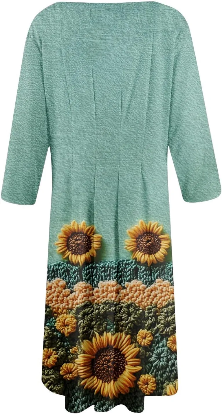 Women Spring Dresses Crewneck 3/4 Sleeve Midi Dresses Floral A Line Dress Summer Flowy Beach Dresses with Pocket