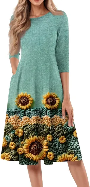 Women Spring Dresses Crewneck 3/4 Sleeve Midi Dresses Floral A Line Dress Summer Flowy Beach Dresses with Pocket