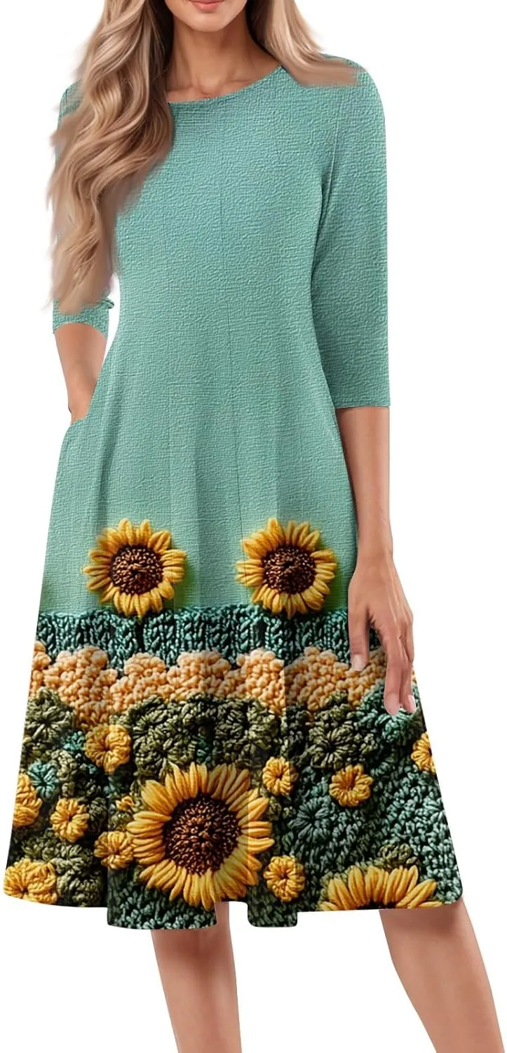 Women Spring Dresses Crewneck 3/4 Sleeve Midi Dresses Floral A Line Dress Summer Flowy Beach Dresses with Pocket
