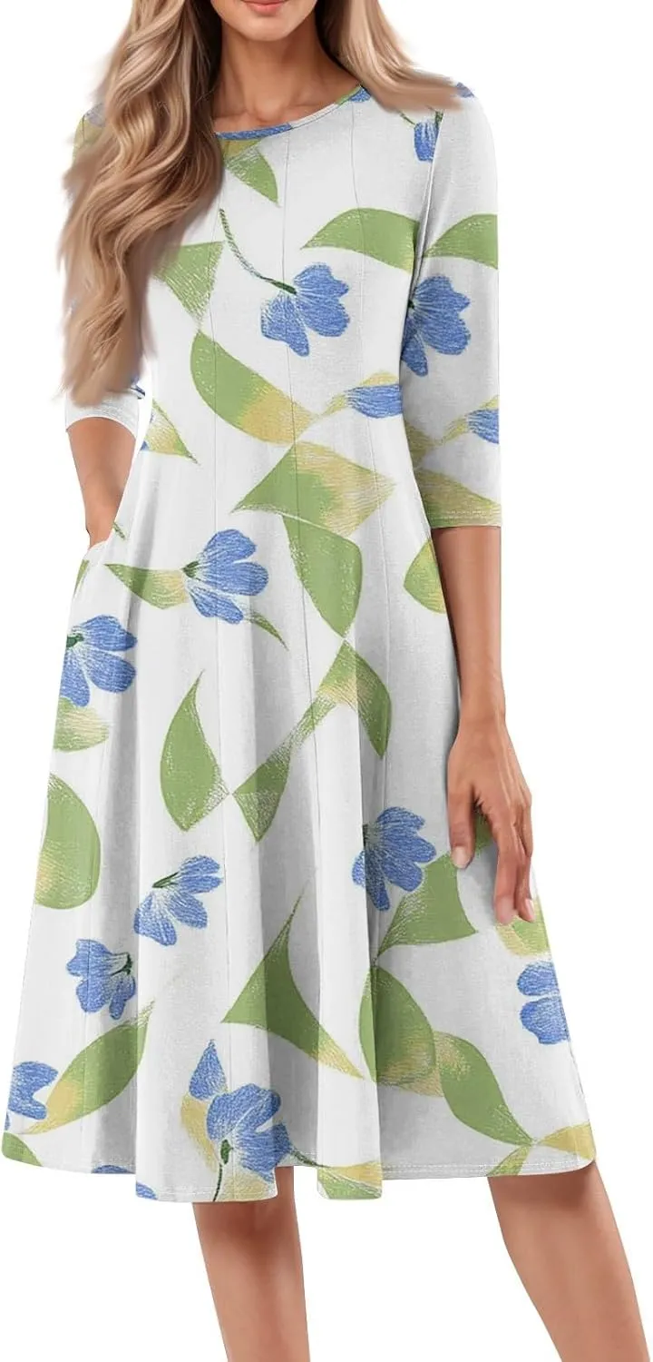 Women Spring Dresses Crewneck 3/4 Sleeve Midi Dresses Floral A Line Dress Summer Flowy Beach Dresses with Pocket