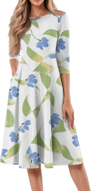 Women Spring Dresses Crewneck 3/4 Sleeve Midi Dresses Floral A Line Dress Summer Flowy Beach Dresses with Pocket