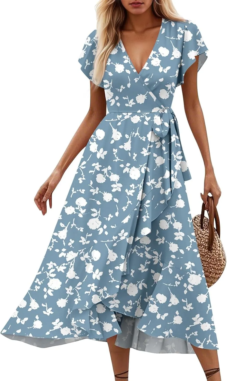Women Summer Dresses Bohemian Floral Casual Wrap V Neck Ruffle Cap Sleeveless Belt A-Line Pleated Hem Midi Sun Dress