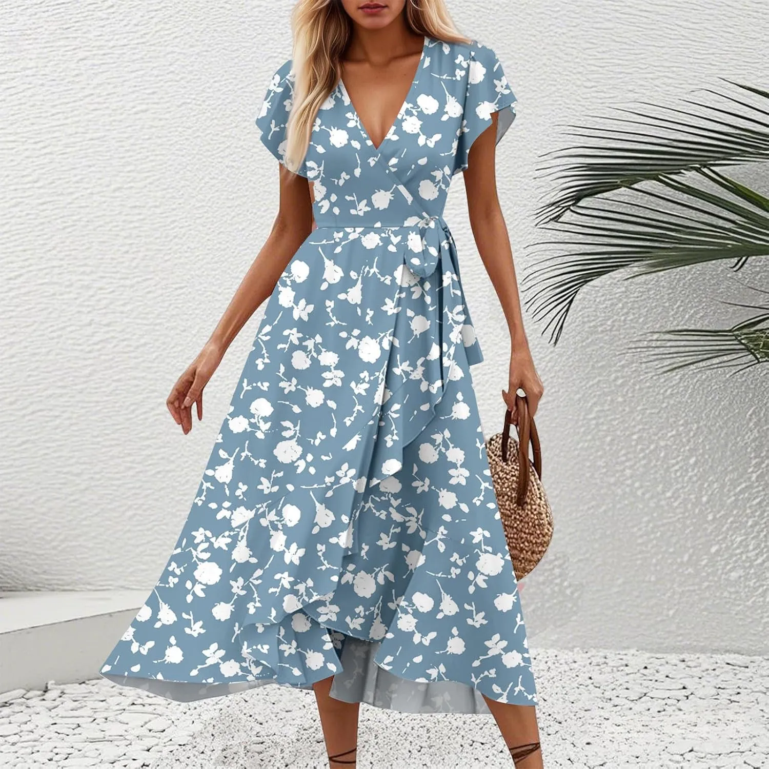 Women Summer Dresses Bohemian Floral Casual Wrap V Neck Ruffle Cap Sleeveless Belt A-Line Pleated Hem Midi Sun Dress