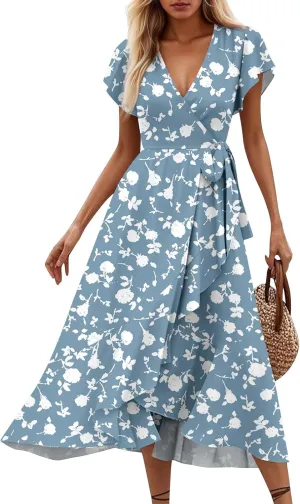 Women Summer Dresses Bohemian Floral Casual Wrap V Neck Ruffle Cap Sleeveless Belt A-Line Pleated Hem Midi Sun Dress