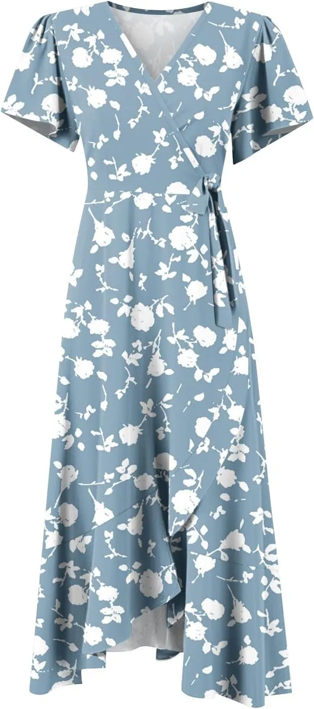Women Summer Dresses Bohemian Floral Casual Wrap V Neck Ruffle Cap Sleeveless Belt A-Line Pleated Hem Midi Sun Dress