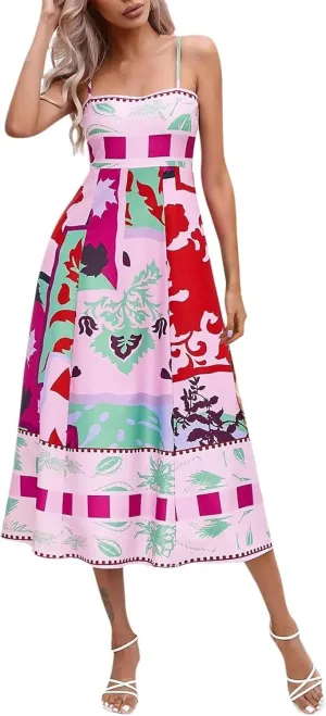 Women Tie Shoulder Graphic Boho Maxi Dresses Sleeveless Flowy A Line Dress Summer Vocation Graffiti Vacation Sundress