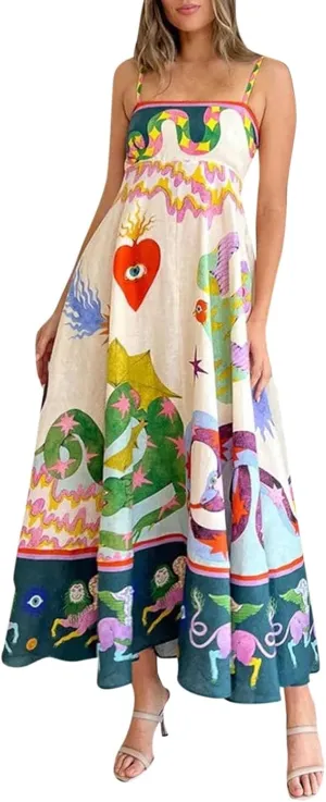 Women Tie Shoulder Graphic Boho Maxi Dresses Sleeveless Flowy A Line Dress Summer Vocation Graffiti Vacation Sundress