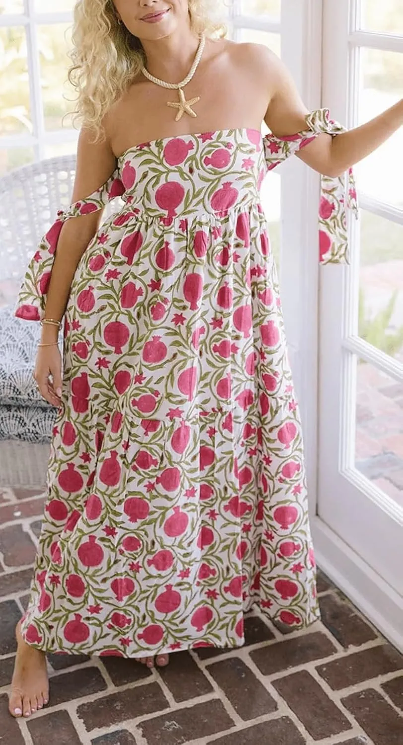 Women Tie Shoulder Maxi Dress Y2k Summer Floral Boho Long Dress Sleeveless Tiered Flowy Beach Sundress