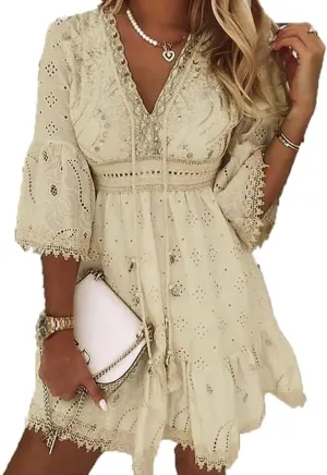 Women V Neck 3/4 Sleeve Mini Dress High Waist Lace Floral Embroidered Short Dresses Casual Boho Ruffle A Line Dress