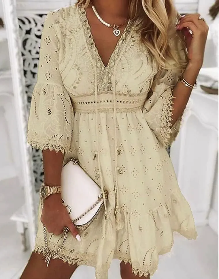 Women V Neck 3/4 Sleeve Mini Dress High Waist Lace Floral Embroidered Short Dresses Casual Boho Ruffle A Line Dress