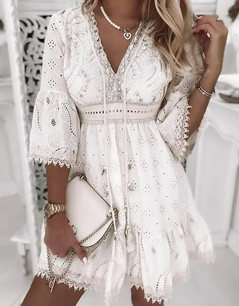 Women V Neck 3/4 Sleeve Mini Dress High Waist Lace Floral Embroidered Short Dresses Casual Boho Ruffle A Line Dress